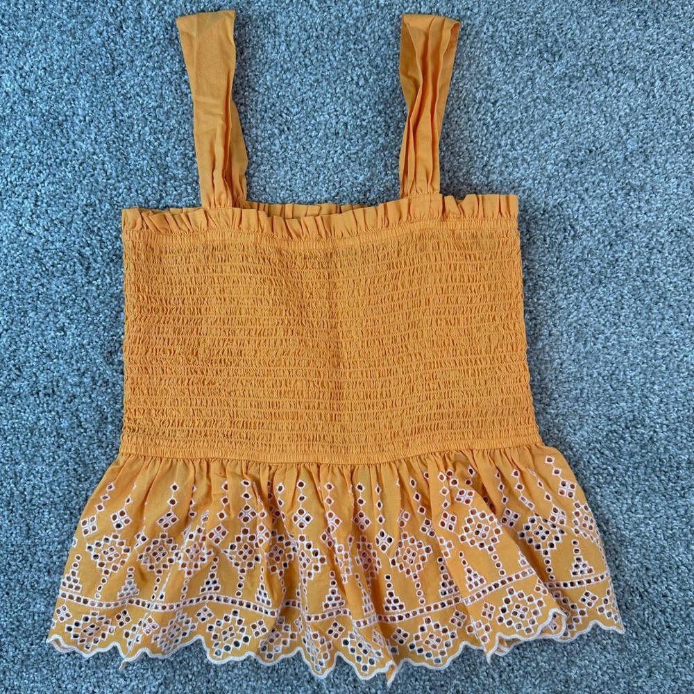 LOFT Tank Top Women's Small Orange Smocked Eyelet Peplum Cami Cotton Embroidered